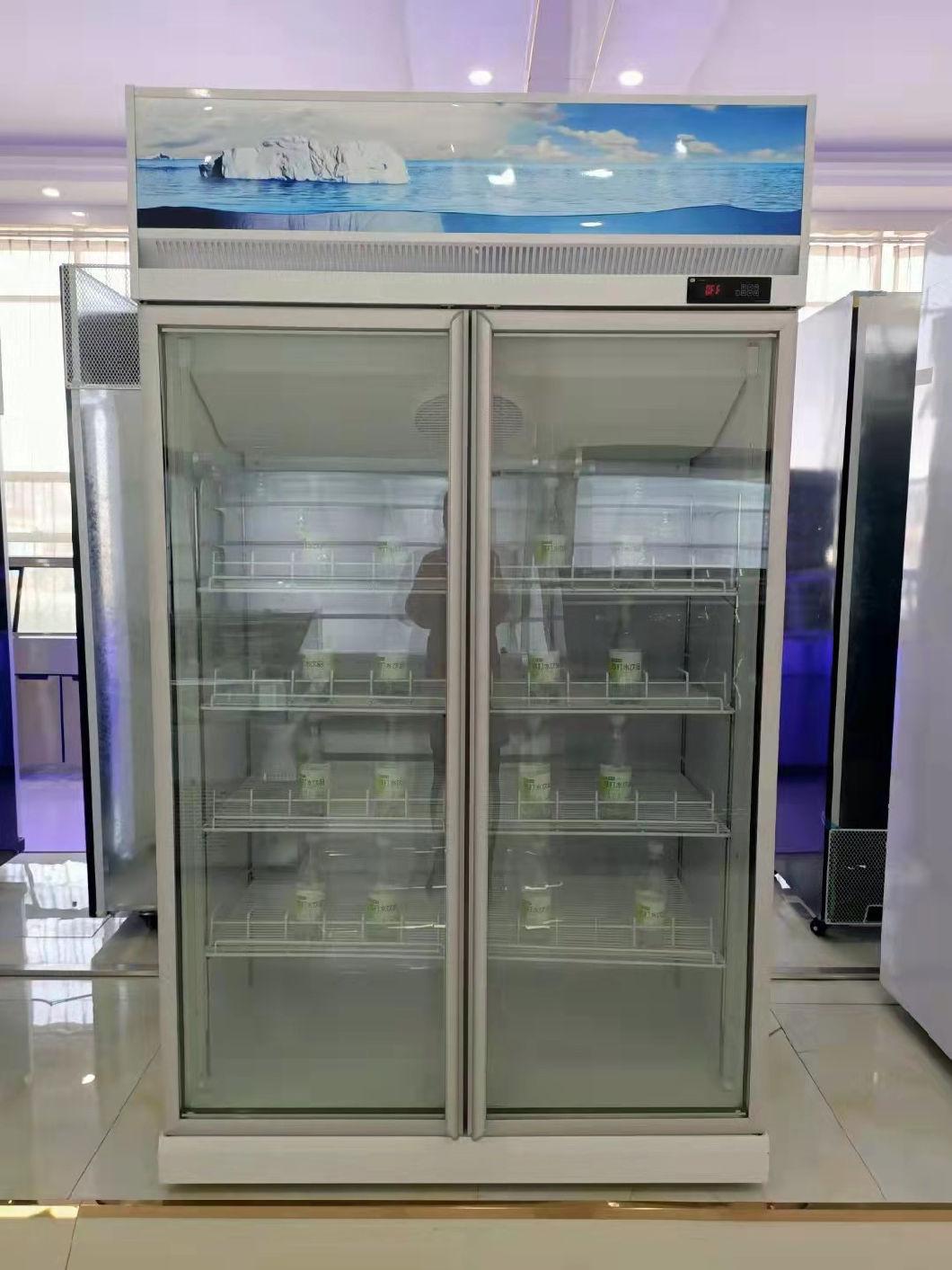 ODM/OEM Direct Cooling Assisted on Manual Thermostat 610L Low-E Tempered Video Animation Double Door Glass Door Cooler Showcase with Fan R134A CFC Free Sticker