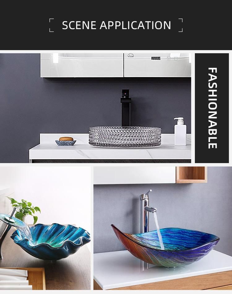 Factory Luxury Ocean Blue Tempered Glass Sink Art Hand Wash Basins Washbasin Price Cabinet Sinks Bathroom Wash Basin