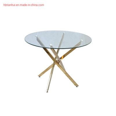 Modern Home Furniture Clear Glass Round Stainless Steel Overgild Leg Dining Table