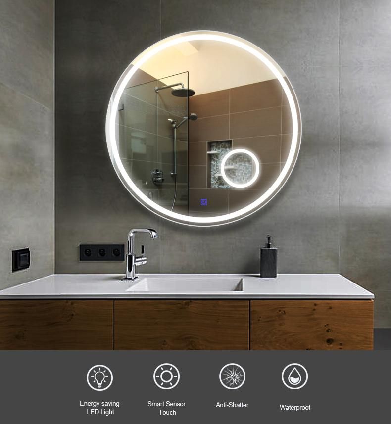 Large Round Bathroom Decor Touch Light Smart Wall Mirror LED