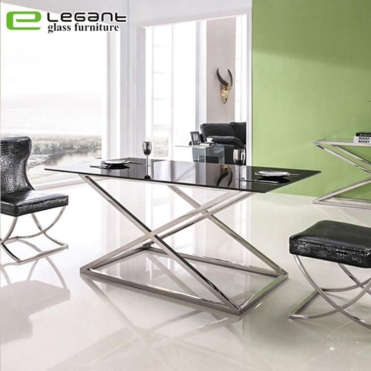 Rectangular Tempered Glass Dining Table with Stainless Steel Base