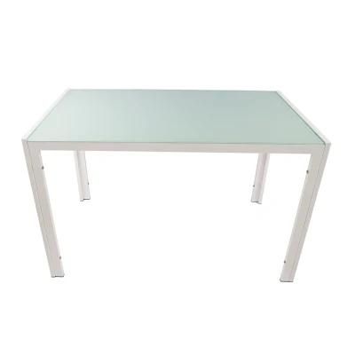 Wholesale Home Furniture Metal Frame White Rectangle 8mm Tempered Glass Top Dining Table Set