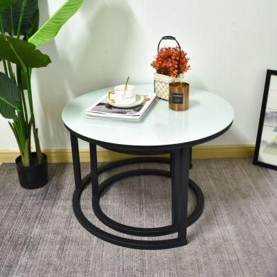 Fresh Style Double Colored Marble Like Desktop and Metal Round Table Sets Display Table