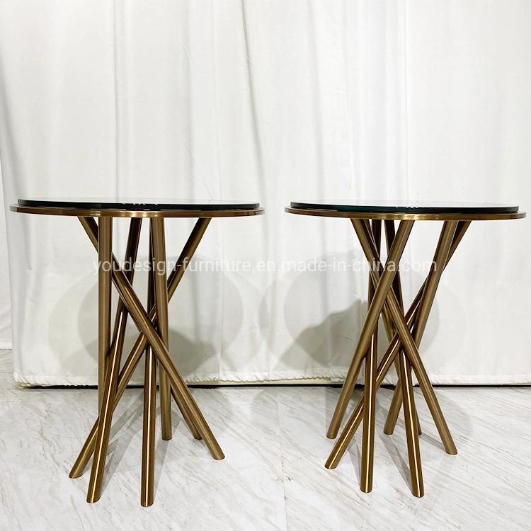 Living Room Furniture Gold Stainless Steel Legs Modern Glass Round Coffee Table Set Design for Sale