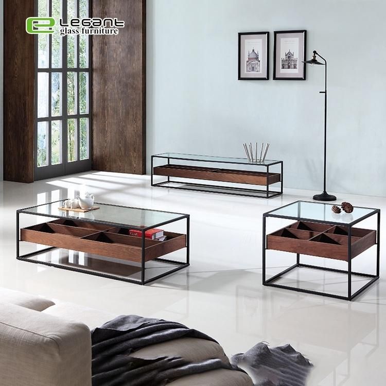 Metal Bracket Glass Furniture Square Glass Side Table for Living Room