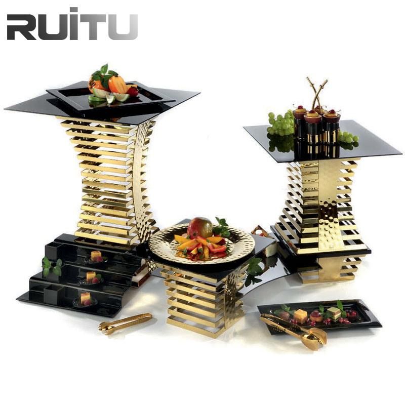 Modern Skyline Beauty Black Glass Gold Stainless Steel Hotel Restaurant Wedding Decoration Catering Equipment Candy Dessert Buffet Food Display Risers and Stand