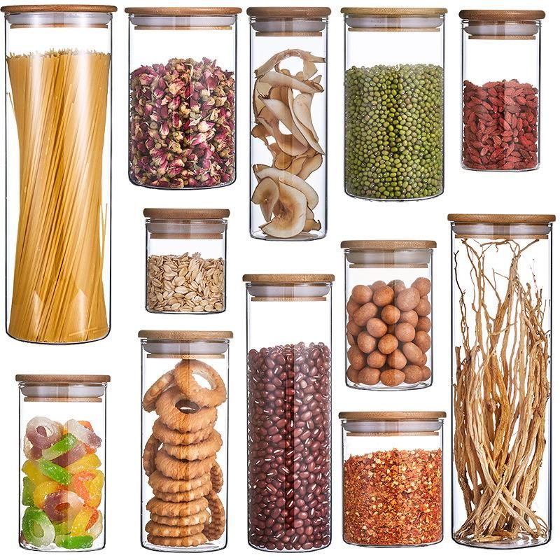 Squqre Glass Storage Jar, Kitchen Food Containers with Bamboo Lid Make It Airtight (750ml-3 Pack)