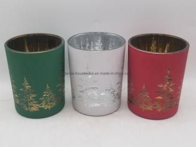 Xmas Glass Candle Holder with Golden Inside and Chirstmas Tree on Outside in Different Colours