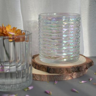 Home Decoration Ion Plated Textured Glass Candle Holder Glass Candle Jar Candle Holder