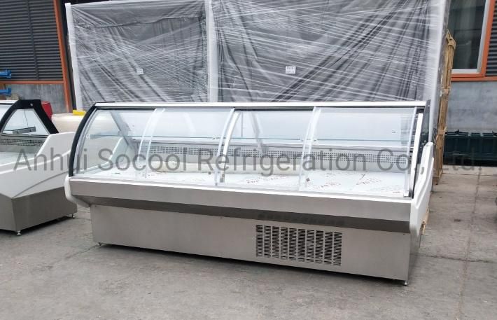 High-Quality Commercial Refrigerated Display Cabinet with Lift-up/Sliding Front Curved Glass Doors for Smoked Bacon