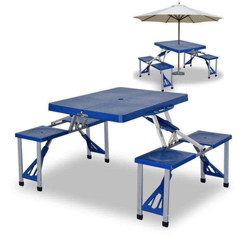 Plastic Blue Integrated Table and Chair Set Folding Table Outdoor Table with Umbrella