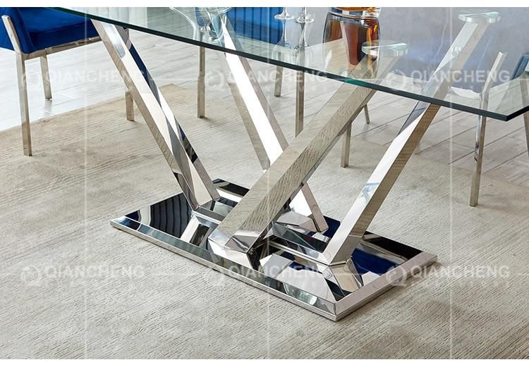 Foshan Furniture Stainless Steel Rectangle Tempered Glass Dining Table