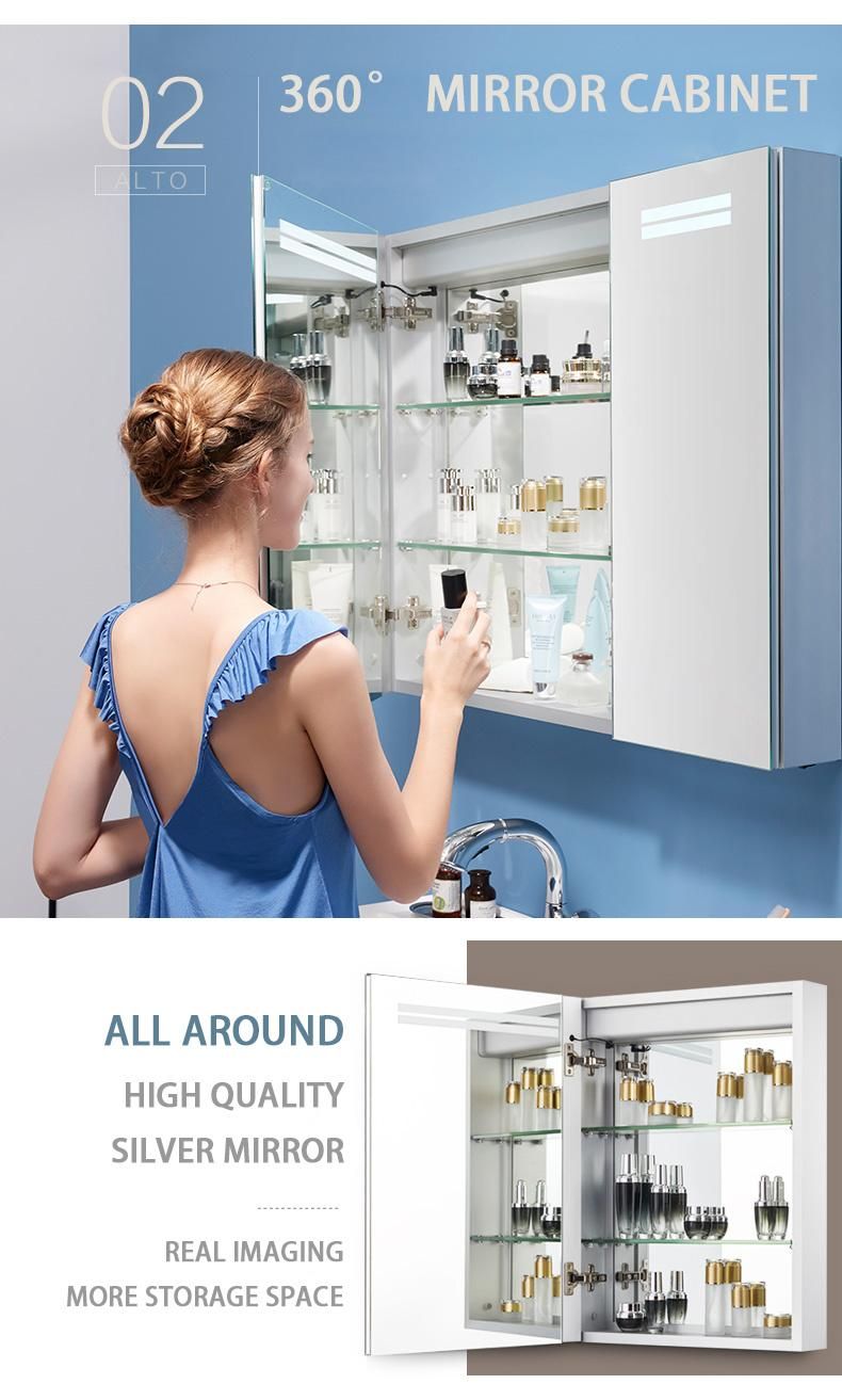 Modern Style Rectangle Double Door LED Lighting Aluminum Bathroom Decoration Mirror Cabinet