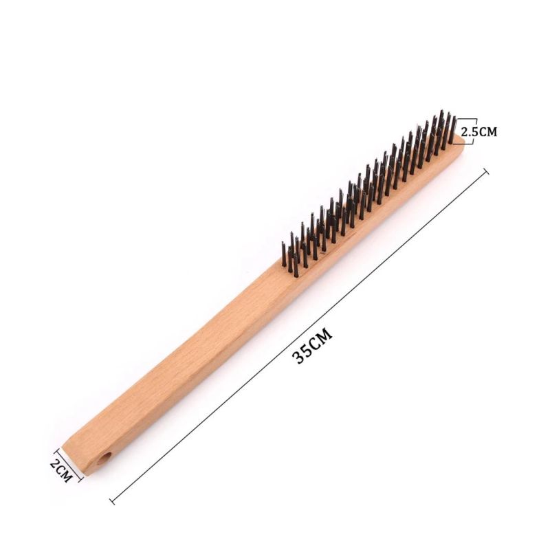 Long Wood Handle Steel Bristle Brush Set Wire Brush 3*19 Rows 14 Inch