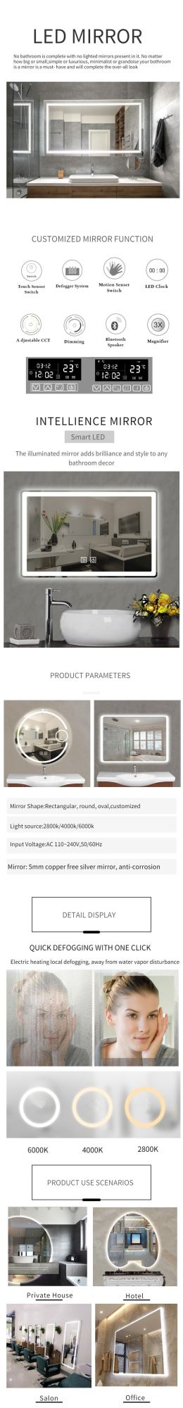 Wall Mirror Modern Design Bathroom Mirror with Light Defogging Backlit Large LED Wall Mirror
