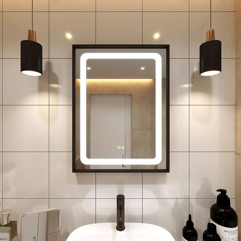 New LED Lighting Bathroom Mirror, Wall Mounted Black Frame, White Adjustable Light Demister, Memory Button Waterproof Mirror