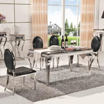Home Furniture Dining Room Table Designs Hotel Glass Dining Table and 6 Chairs Stainless Steel Dining Table Set