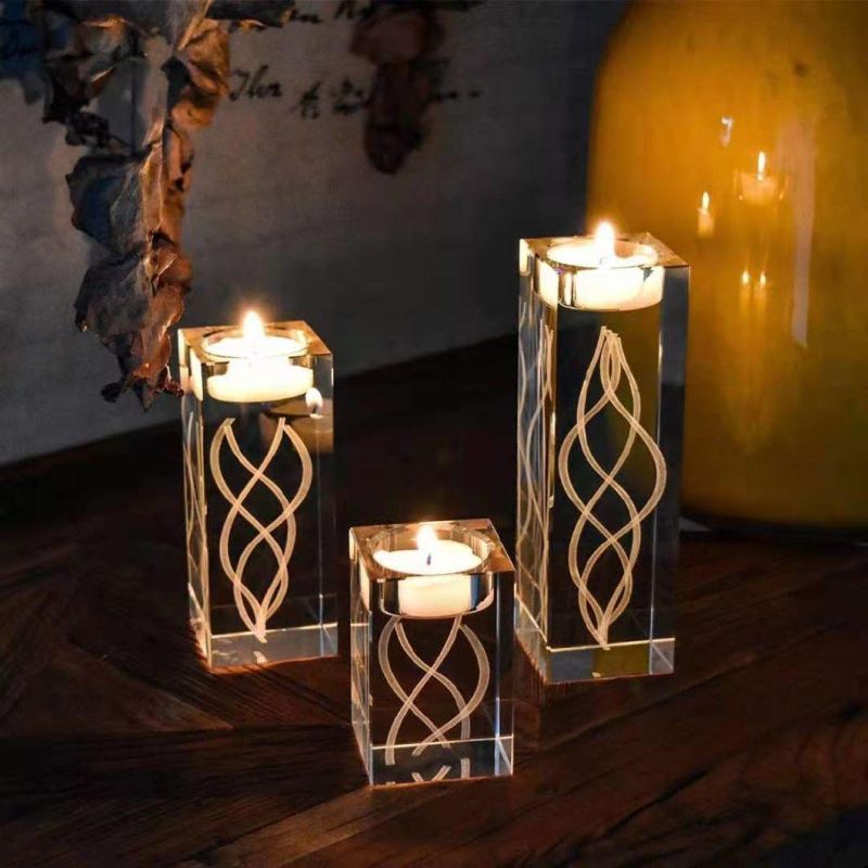 Cutom Photo 3D Engraved Crystal Glass Cube Tealight Christian Candle Holder