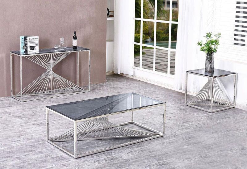 Tempered Glass Storage Sofa Coffee Table with Stainless Steel Base