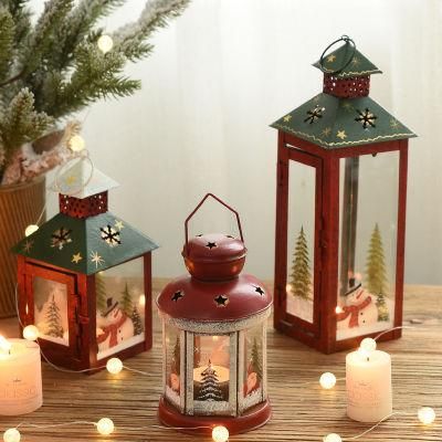 2021 Hot Sale Retro Lanterns Wrought Iron Glass Ornaments Christmas Candle Holder