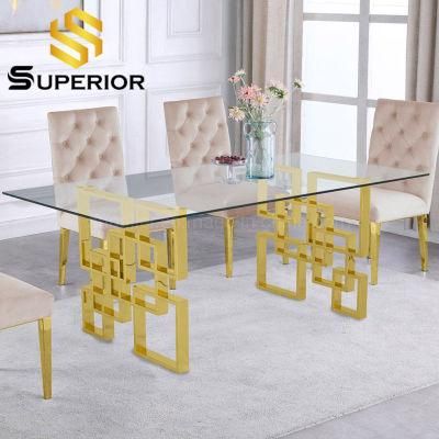 Wholesale Mexico Luxury Gold Stainless Steel Stand Glass Dining Table