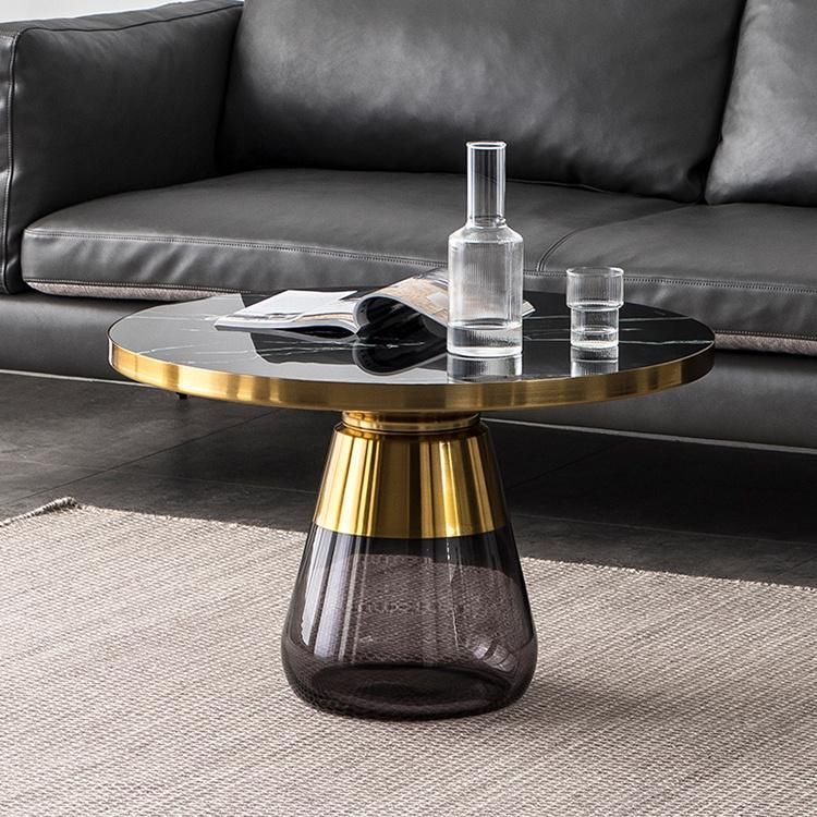 Home Furniture Transparent Glass Round Top Metal Stainless Steel Gold Color Side Living Room Tempered Glass Base Art Coffee Table