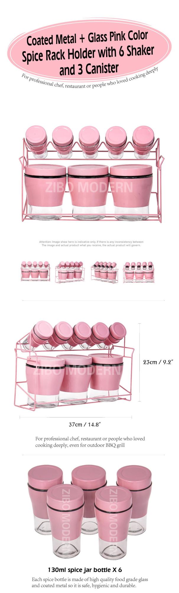 Coated Metal + Glass Pink Color Spice Rack Holder with 6 Shaker and 3 Canister - Spice Storage Rack