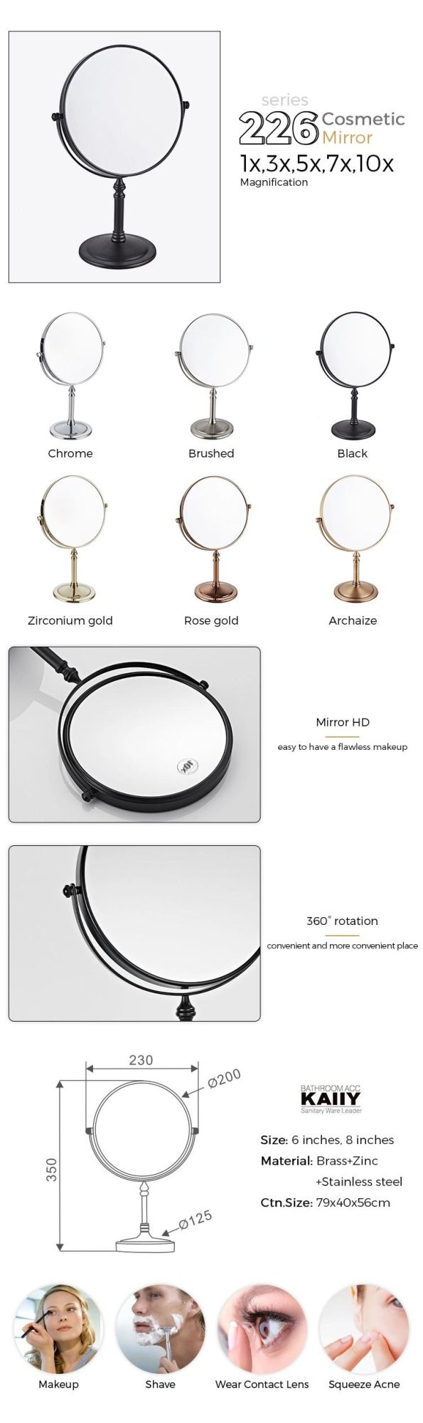 Kaiiy Hot Selling Round Shape Stainless Steel Material Extendable Makeup 2face Free Standing Makeup Mirrors for Bathroom Hotel