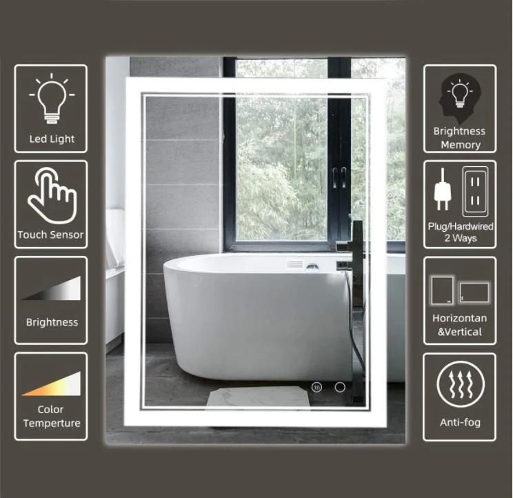 Frameless Wall Mounted Vanity Mirror with Dimmable Lights Anti-Fog Makeup Mirror