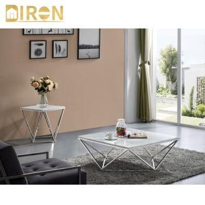European Design Home Furniture Glass Marble Coffee Table with Stainless Steel Legs