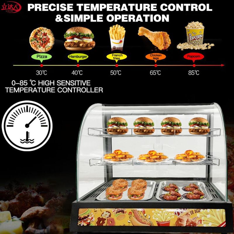 Lida CE Approved Hot Sale Kitchenware Commercial Electric Vertical Curved Glass Food Warmer Display Windows Stainless Steel Frame Food Warming Showcase 2 Layers