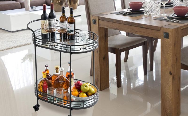 30.75" H Oval Black Bar Cart with 4 Wheels 2-Tier Deluxe Tray Metal Mirrored Glass Top Rolling Serving Cart for Kitchen Living Room Hotel Wine/Tea Serving Cart