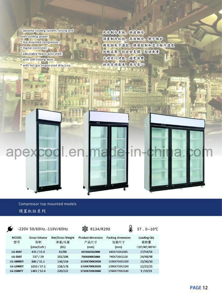 Glass Three Door Upright Showcase with Top Compressor System