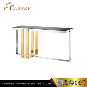Modern Polished Stainless Steel in Gold Finish Base Marble Console Table