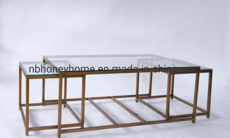 Hand Brushed Gold Color 3 Set Metal Frame Glass Top Coffee Table