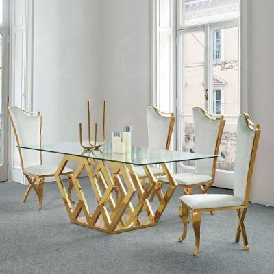 Home Furniture Glass Top Gold Stainless Steel Dining Table