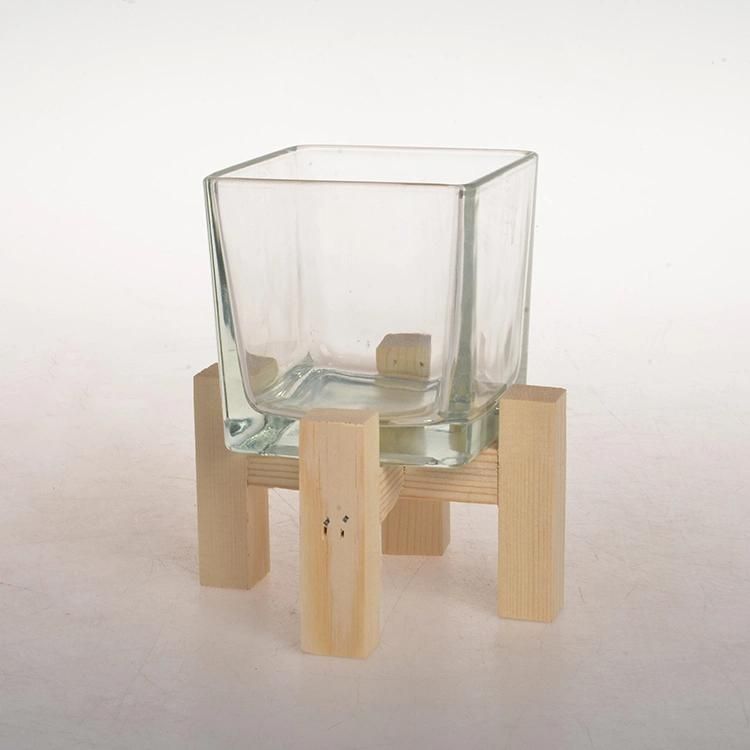 Eco-Friendly Elegant Square Clear Cheap Glass Candle Holder Jar with Wooden Rack for Home Decoration