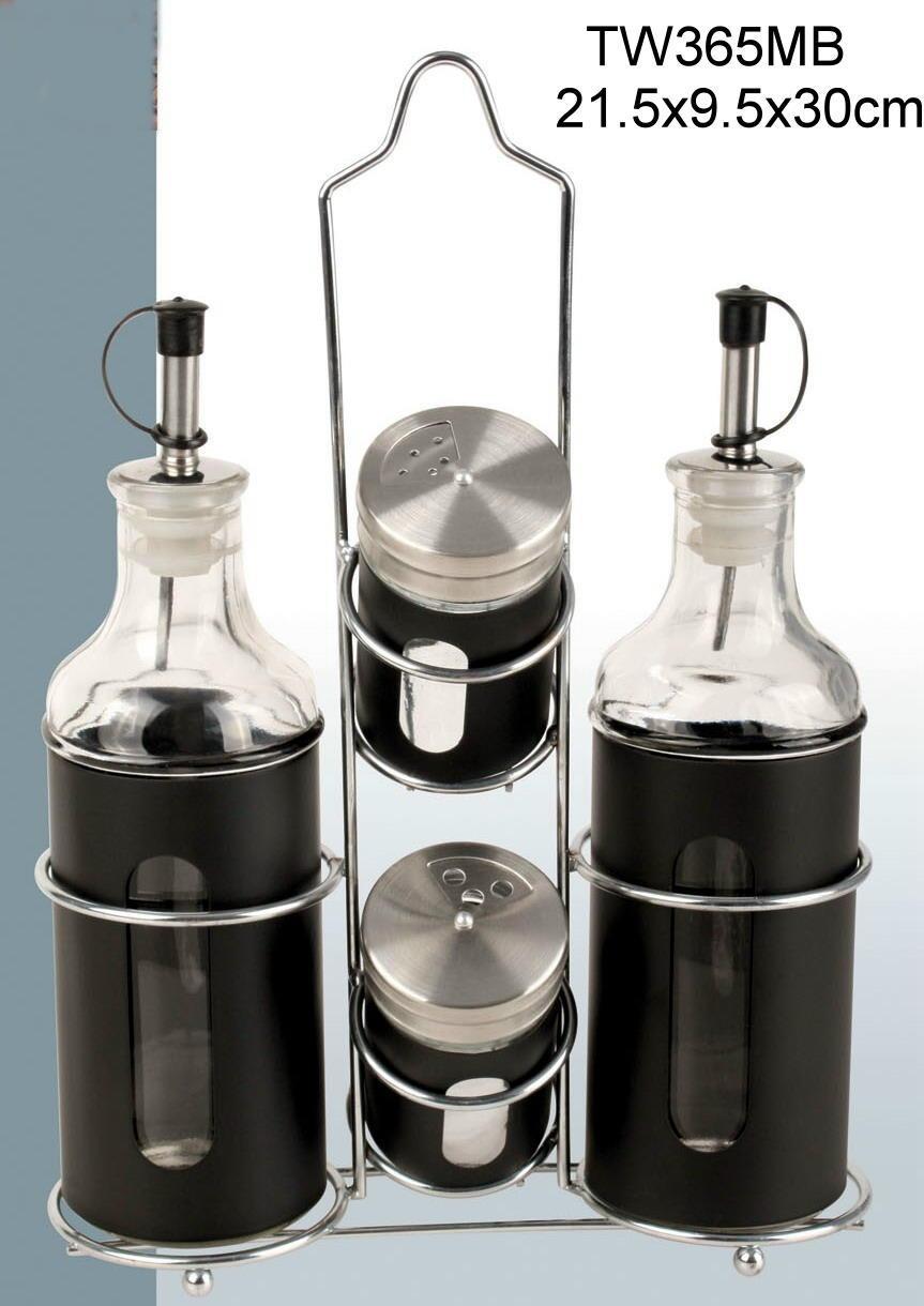 4PCS Glass Oil Vinegar Bottle and Salt Pepper Shaker with Metal Rack
