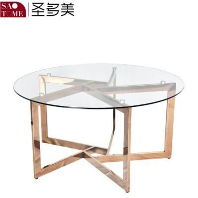 Round Coffee Table with Stainless Steel Transparent Glass Surface in Family Living Room