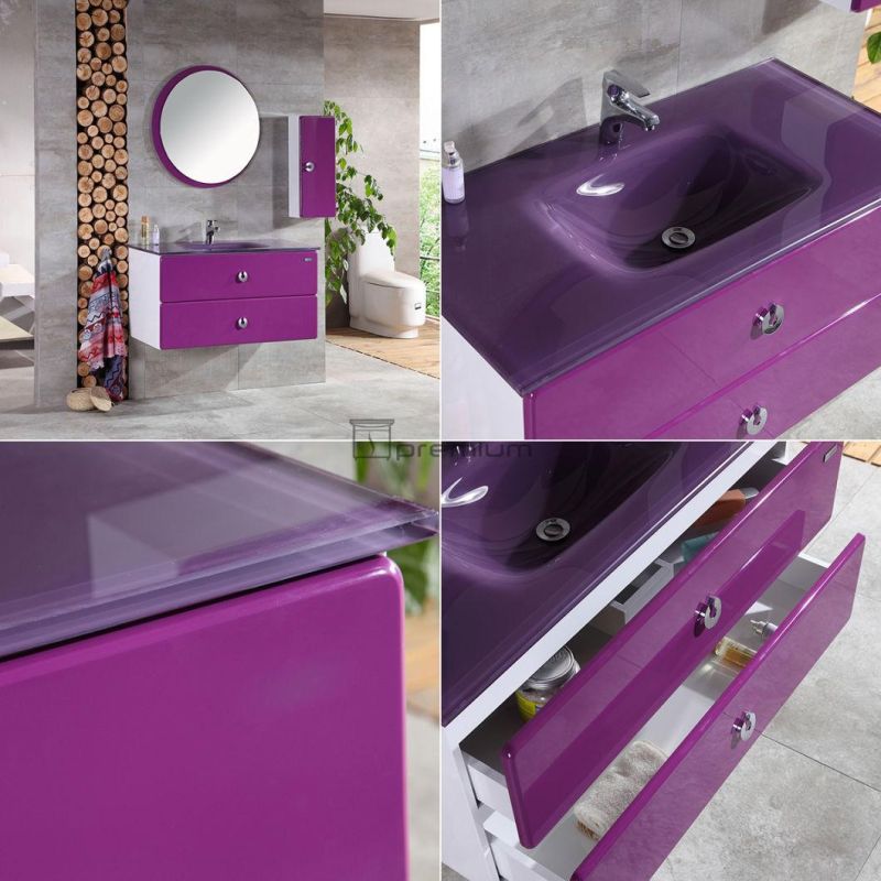 Purple Bathroom Cabinet PVC with Glass Basin and 2 Drawer