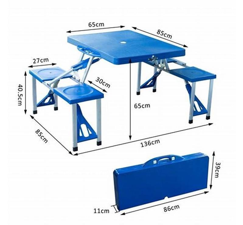 Plastic Blue Integrated Table and Chair Set Folding Table Outdoor Table with Umbrella