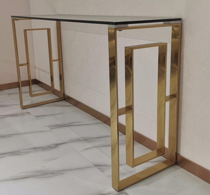 Elegant Chinese Simple Style Clear Glass Top Stainless Steel Console Table