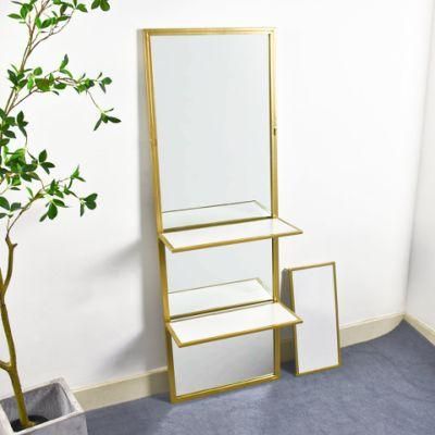 Hot Selling Vertical Golden Metal Frame Rectangular Dressing Mirror with 3-Tiers Shelves