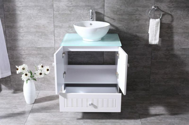 24" Bathroom Cabinet PVC Vanity Ceramic Vessel Sink Glass Top W/Mirror Set White Bathroom Furniture