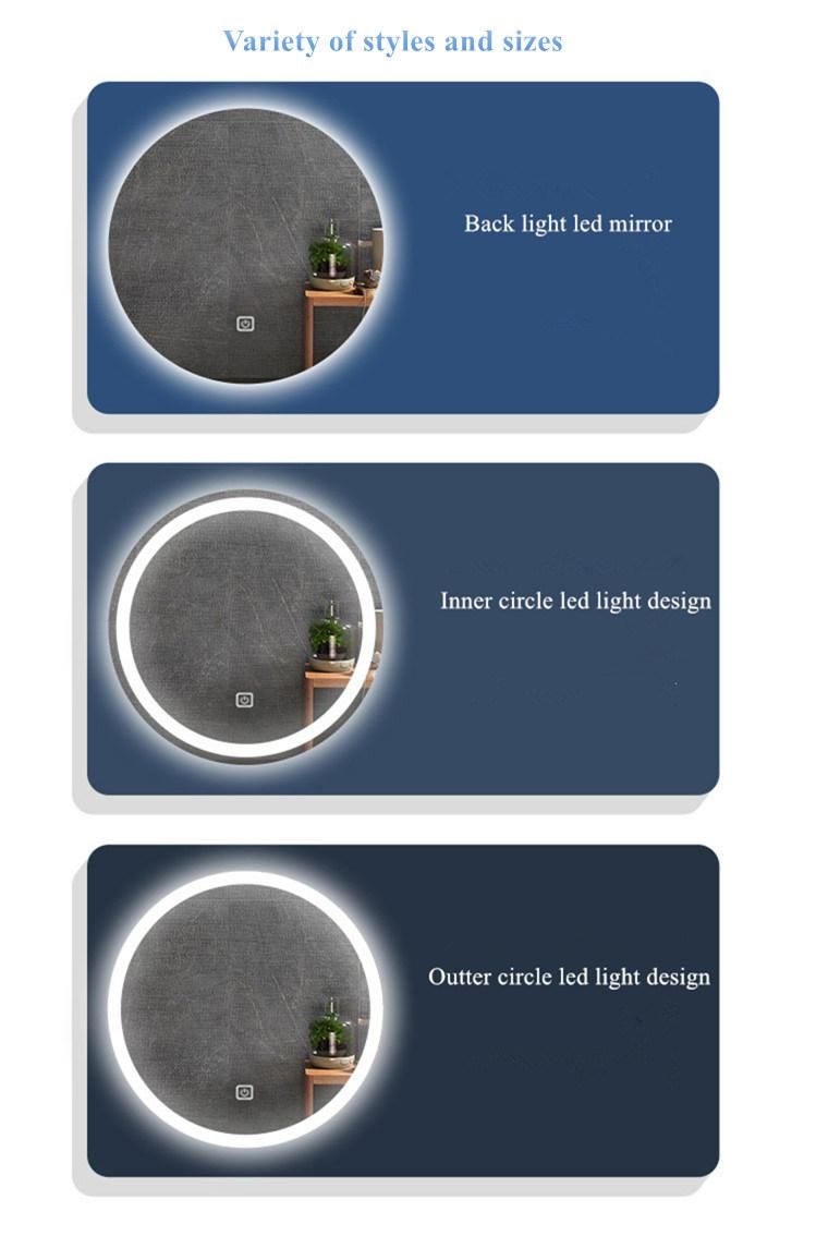 Home-Use LED Furniture Round Aluminium Silver Glass Wall Mirror LED Bluetooth Bathroom Mirror