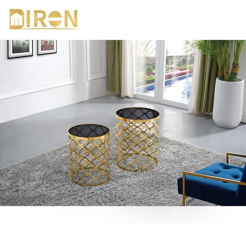 Modern 8mm Tempered Clear Glass Round Golden Stainless Steel Nesting Side Table Set Coffee Tables